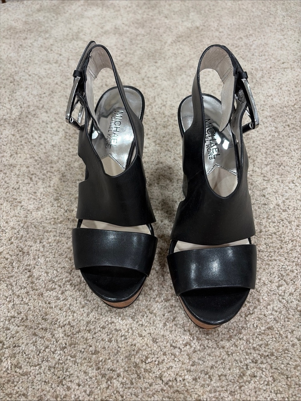 Michael Kors Black Leather Open-Toe Slingback Heels